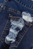 Темно-синие повседневные однотонные рваные джинсовые шорты с высокой талией