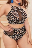 Svart Sexig Solid Leopard Patchwork Genomskinlig O Neck Plus Size Badkläder