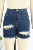 Donkerblauwe Sexy Street Solid Ripped Make Old Patchwork Denim Shorts met hoge taille