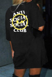 Vestido de camiseta con cuello en O de patchwork con estampado de calle informal negro Vestidos