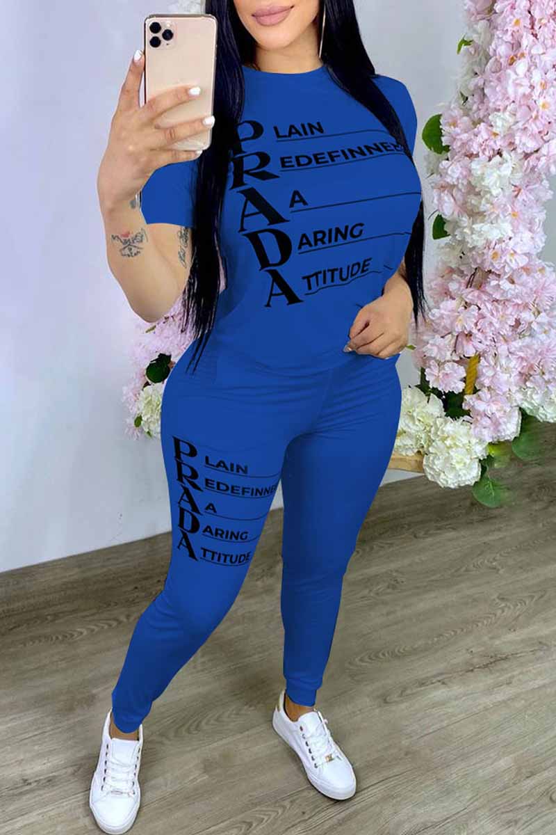 

Blue Casual Print Letter O Neck Short Sleeve Two Pieces