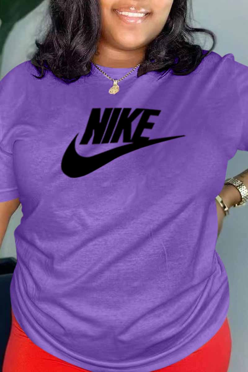 

Purple Casual Print Letter O Neck T-Shirts