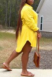 Желтое повседневное однотонное платье-рубашка в стиле пэчворк с отложным воротником Платья больших размеров