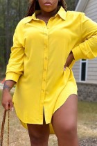 Vestido amarelo casual sólido patchwork com gola redonda camisa vestidos tamanho grande
