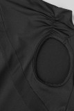 黒のセクシーなパッチワーク シースルー O ネック長袖ドレス