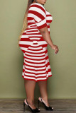 Rotes, lässiges, gestreiftes Patchwork-Patchwork-Kleid mit kurzen Ärmeln und schulterfreiem Kleid in Übergröße