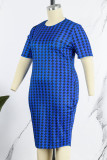 Blue Casual Print Patchwork O Neck One Step Skirt Plus Size Dresses