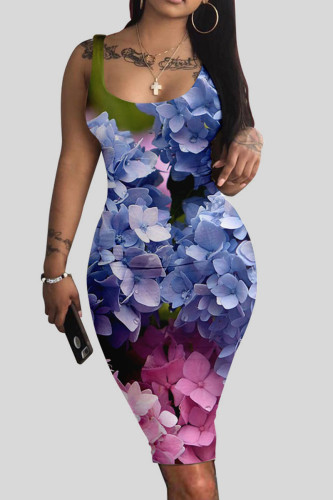 Turquoise Casual Print Patchwork U Neck Vest Dress Dresses