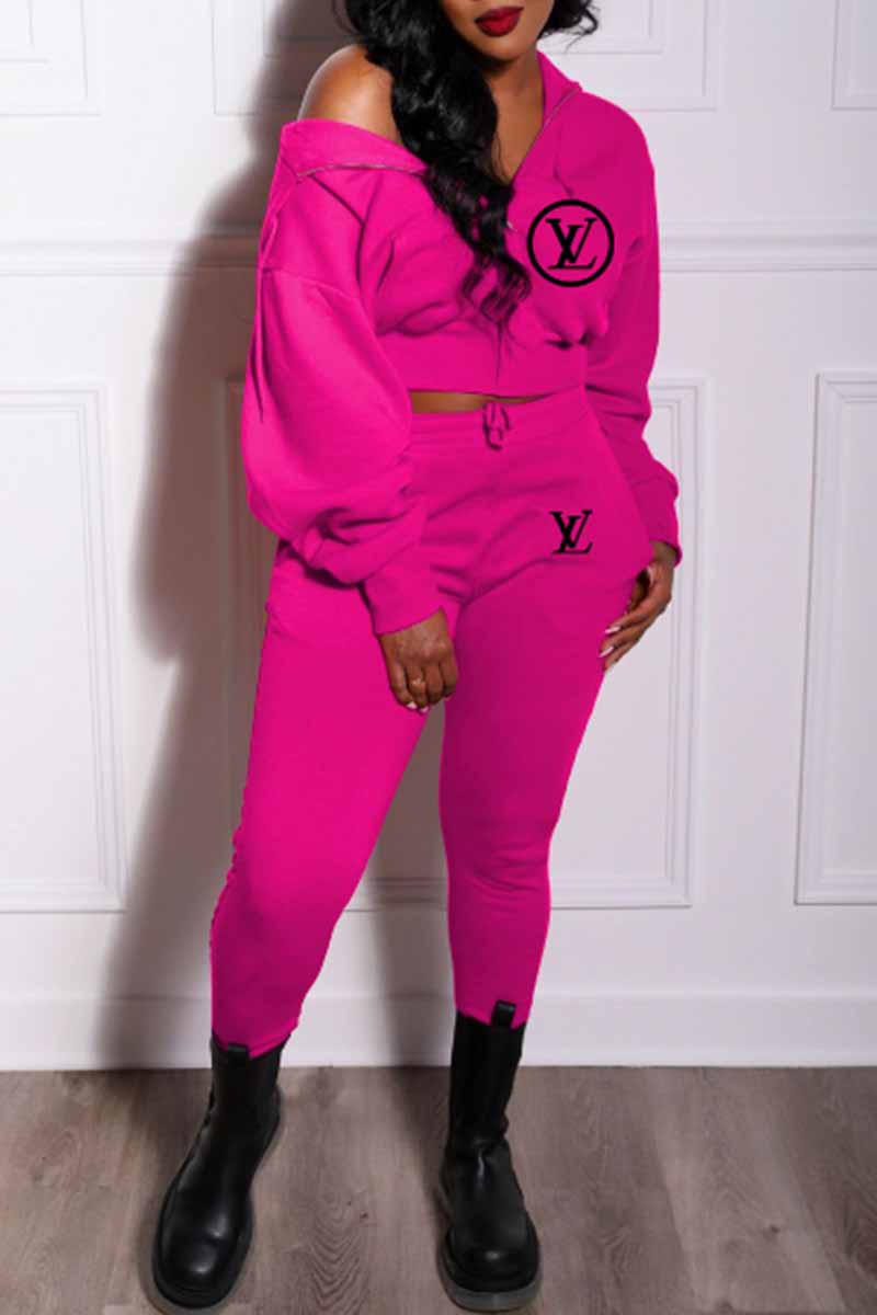 

Rose Red Sportswear Print Letter Hooded Collar Long Sleeve Two Pieces