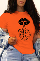 T-shirts à col rond et patchwork imprimés orange Street Skull Lips