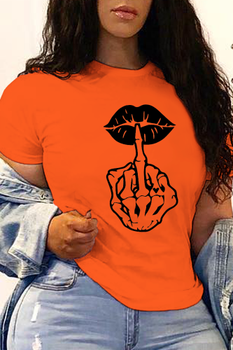 T-shirt con scollo a O patchwork stampate labbra teschio arancione Street