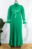 グリーン カジュアル ソリッド パッチワーク フォールド リボン カラー ストレート ドレス