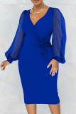 Синие повседневные однотонные лоскутные платья с завязками и V-образным вырезом, одношаговые платья-юбки