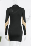 Schwarze sexy Patchwork-Kleider mit durchsichtigem O-Ausschnitt und langen Ärmeln