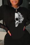 T-shirts noirs à col rond et tête de mort à imprimé Street Vintage