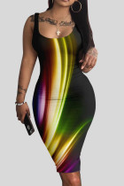 カラーカジュアルプリントパッチワークUネックベストドレスドレス