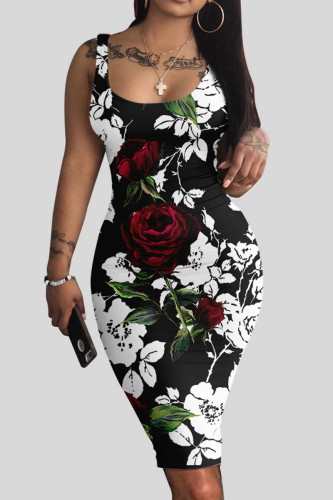 Black White Casual Print Patchwork U Neck Vest Dress Dresses