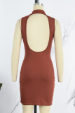 Brown Sexy Solid Patchwork Zipper Turtleneck Pencil Skirt Dresses