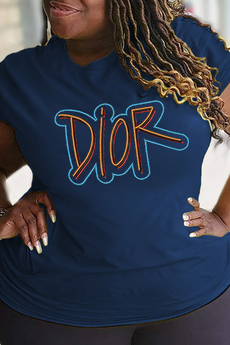 

Navy Blue Street Vintage Print Patchwork Letter O Neck T-Shirts
