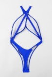 Синий сексуальный однотонный купальник с открытой спиной (с прокладками)