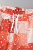 Tangerina vermelho casual estampa patchwork decote em U sem mangas duas peças