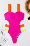 Rose Red Sexy Solid Patchwork Backless Contrast Swimwears (With Paddings)