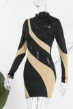 Black Sexy Patchwork See-through O Neck Long Sleeve Dresses