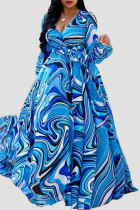Синий шифон модный сексуальный взрослый мэм V шеи цветочный принт цветочный плюс размер