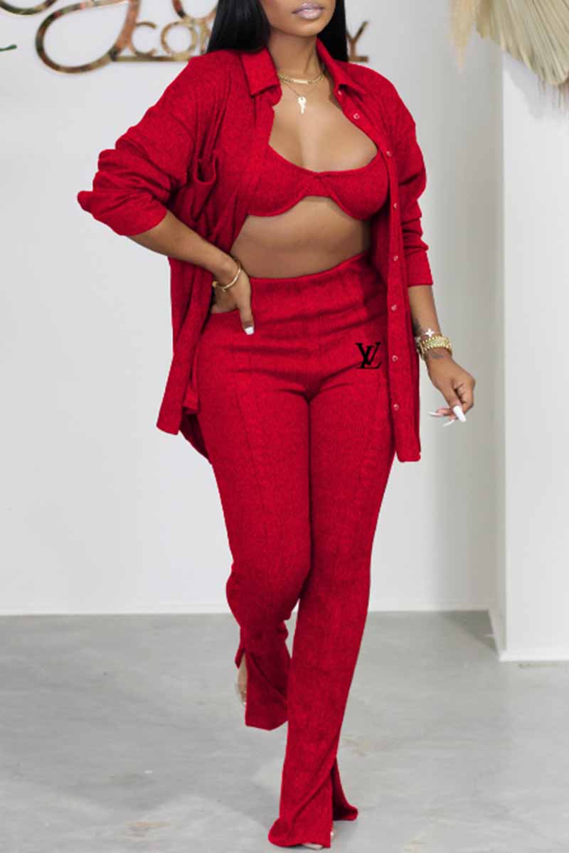 

Red Sexy Print Letter Turndown Collar Long Sleeve Three Pieces