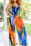 Rose Red Sexy Casual Print Tie Dye Bandage Backless Neckholder Regular Jumpsuits