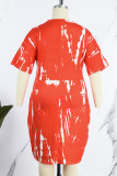 Röd Casual Print Patchwork Pocket V-hals Tryckt Klänning Plus Size Klänningar