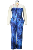 Blauwe sexy print patchwork strapless plus size jumpsuits