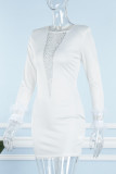 White Sexy Casual Patchwork Hot Drilling See-through O Neck Long Sleeve Dresses