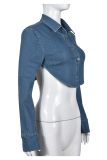 Синяя сексуальная однотонная джинсовая куртка с отложным воротником и длинным рукавом с открытой спиной
