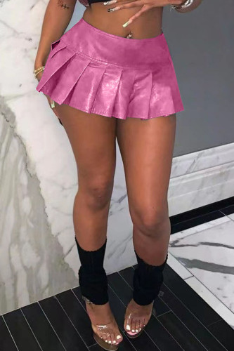 Pink Sexy Street Solid Patchwork Fold High Waist Type A Solid Color Bottoms