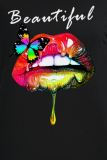 Black Sexy Street Lips Printed Patchwork O Neck T-Shirts