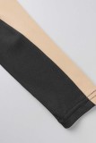Vestidos pretos sexy patchwork transparentes com decote em O e manga comprida