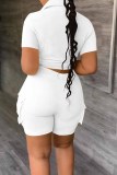 White Casual Print Letter Turndown Collar Short Sleeve Two Pieces