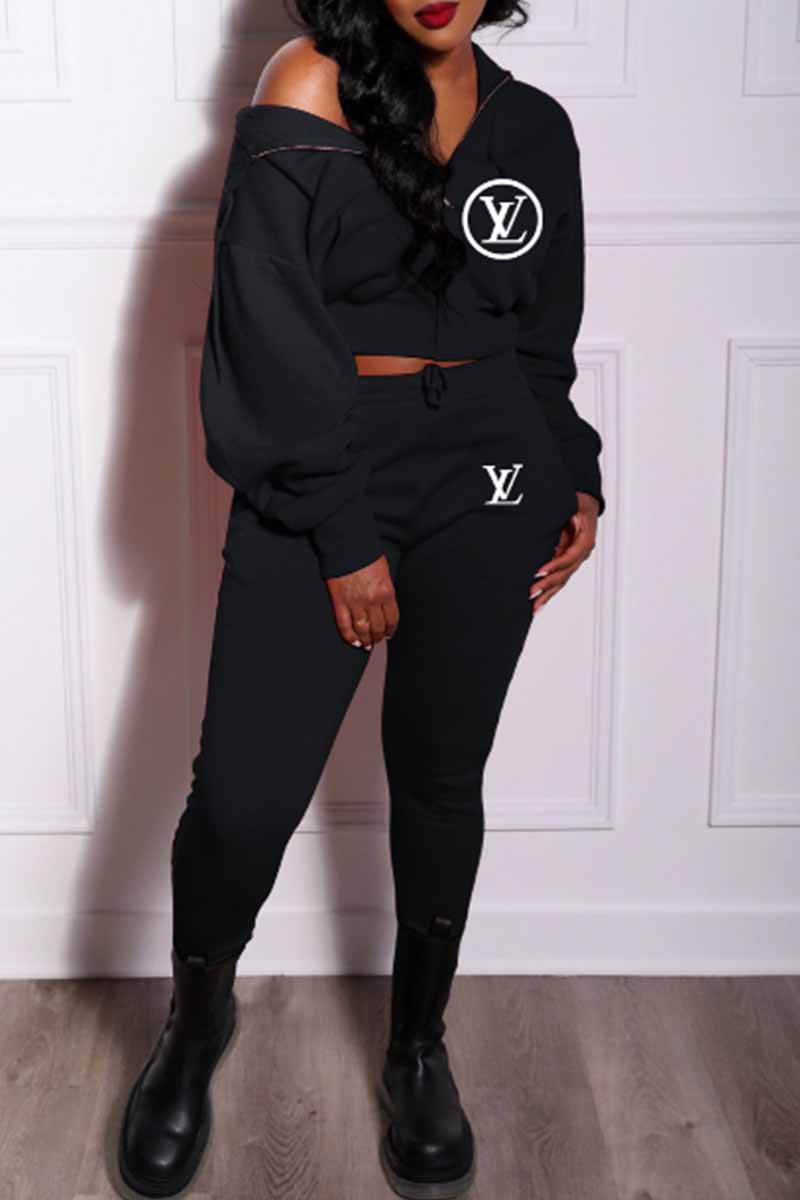 

Black Sportswear Print Letter Hooded Collar Long Sleeve Two Pieces
