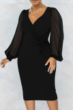 Vestidos de falda de un solo paso con escote en V y pliegues en cordón de patchwork sólido informal negro