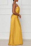 黄色のセクシーな無地バックレス V ネック ロング ドレス ドレス