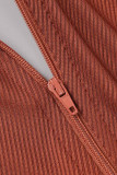 Brown Sexy Solid Patchwork Zipper Turtleneck Pencil Skirt Dresses