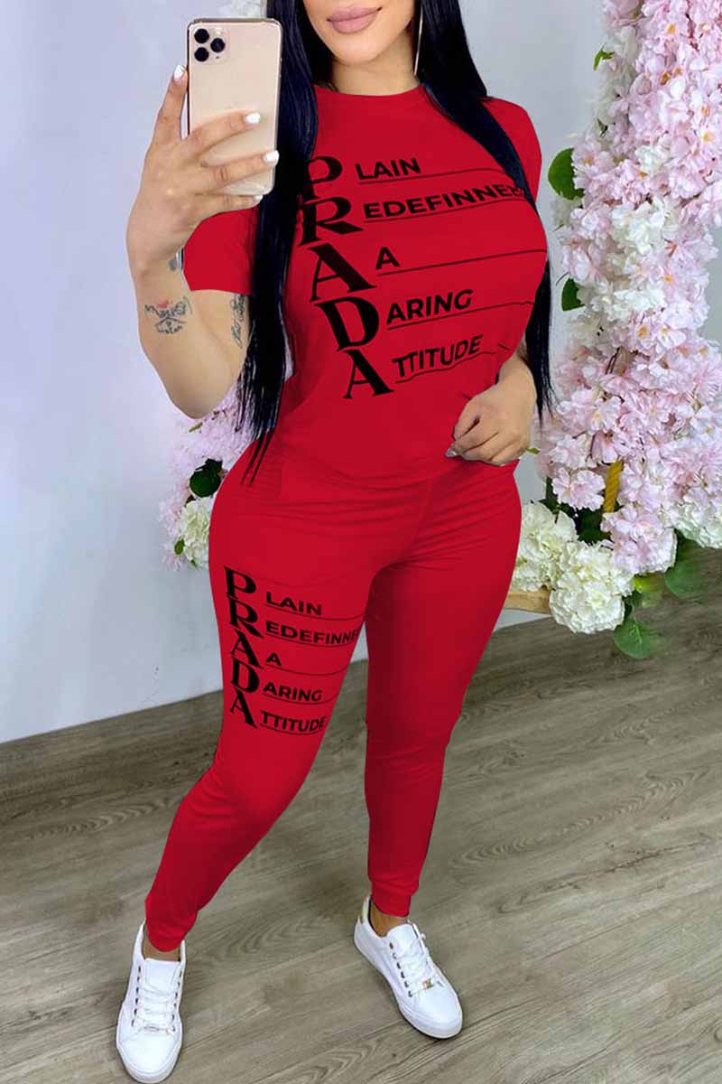 

Red Casual Print Letter O Neck Short Sleeve Two Pieces