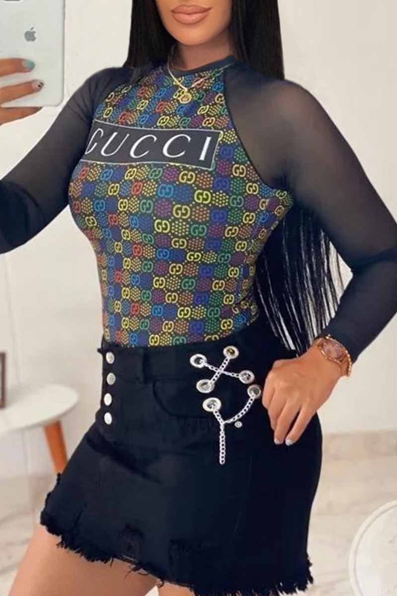 

Multicolor Casual Street Print Patchwork Letter O Neck Tops