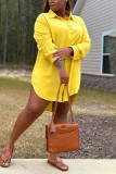 Желтое повседневное однотонное платье-рубашка в стиле пэчворк с отложным воротником Платья больших размеров
