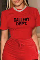 Röda Casual Daily Print Patchwork Bokstaven O-hals T-shirts