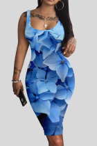 ブルーカジュアルプリントパッチワークUネックベストドレスドレス
