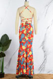 Red Sexy Print Patchwork Backless Trumpet Mermaid Dresses