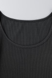 Camisetas pretas casuais com borla sólida patchwork pérola com decote em O