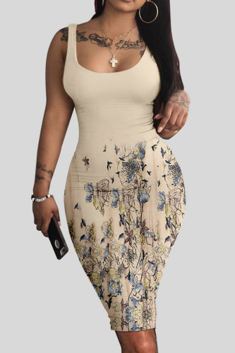 Khaki Casual Print Patchwork U Neck Vest Dress Dresses